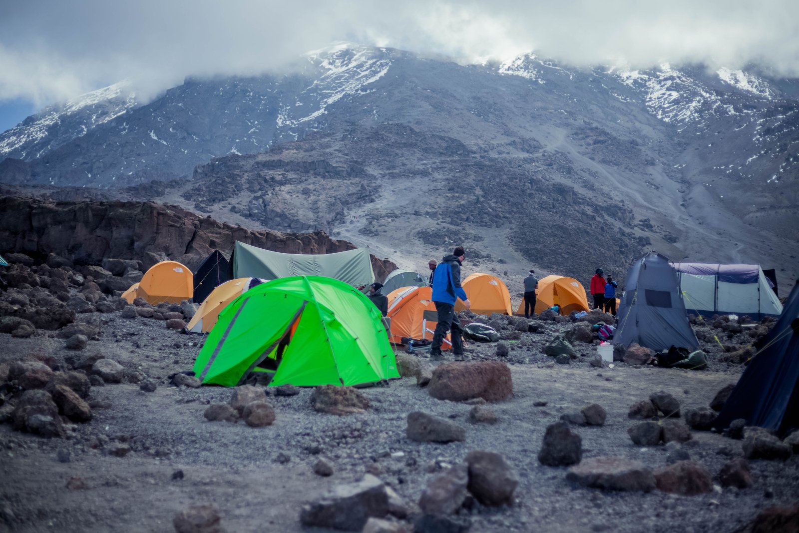 Camp setup on Kilimanjaro with tents and evening relaxation